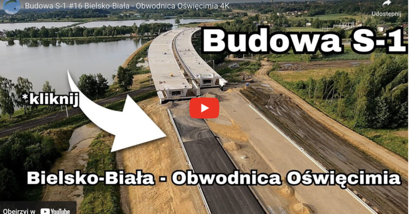 Mirosław Stecyk szybuje nad Bielskiem-Białą i węzłem Oświęcim, ukazując postępy budowy trasy ekspresowej S1.