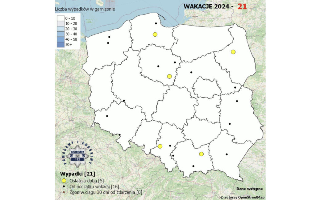 Mapa wypadków drogowych ze skutkiem śmiertelnym – Wakacje 2024, dostępna na policja.pl